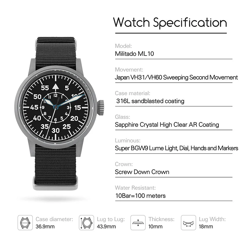 Militado 37mm Sapphire Crystal Retro Flieger Pilot Watch Ml10 V2 - Image 8