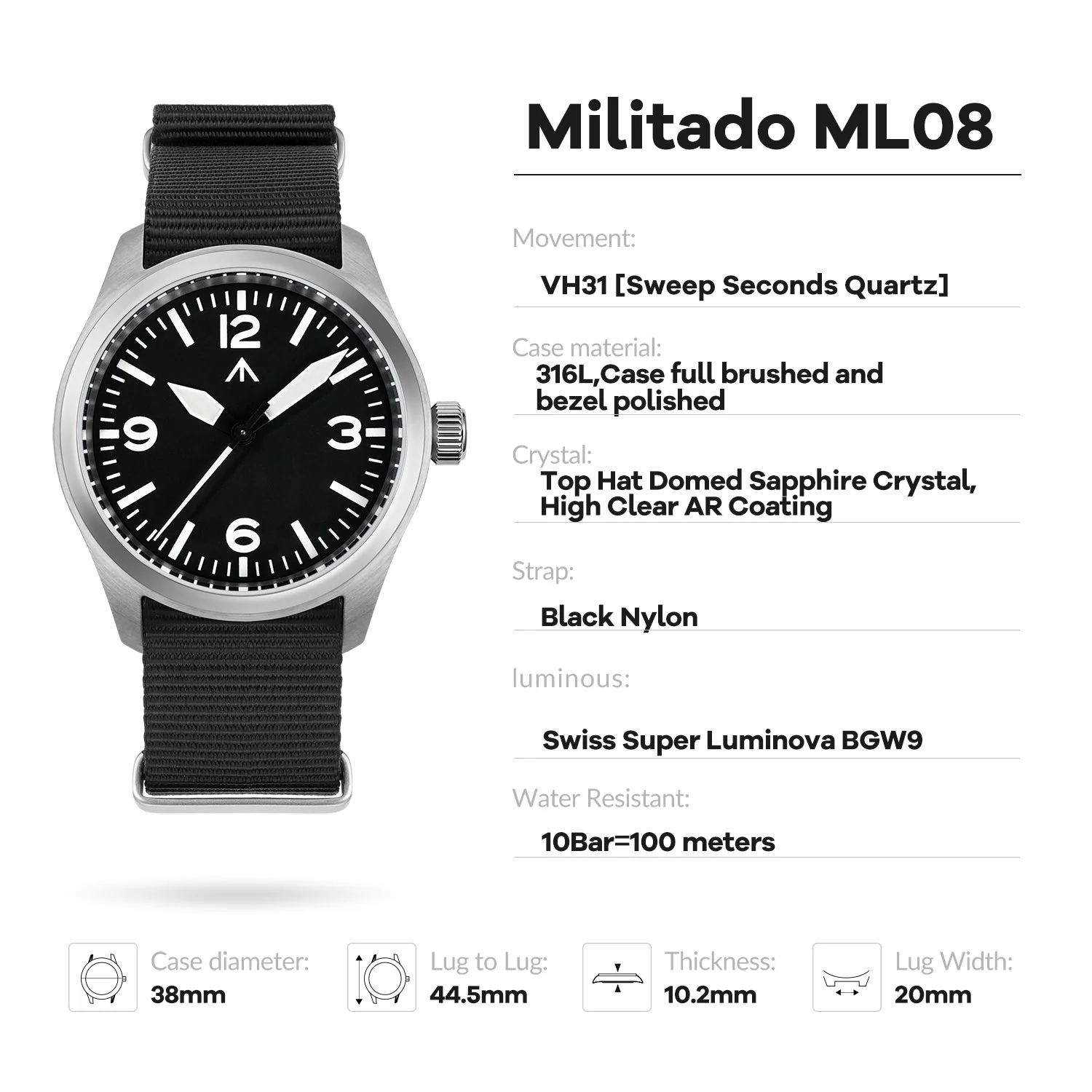 Militado 38mm Military Watch Vintage Field Watch 369 Dial Ml08 - Image 14