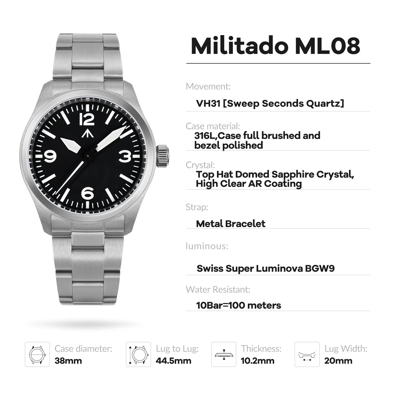 Militado 38mm Military Watch Vintage Field Watch 369 Dial Ml08 - Image 5