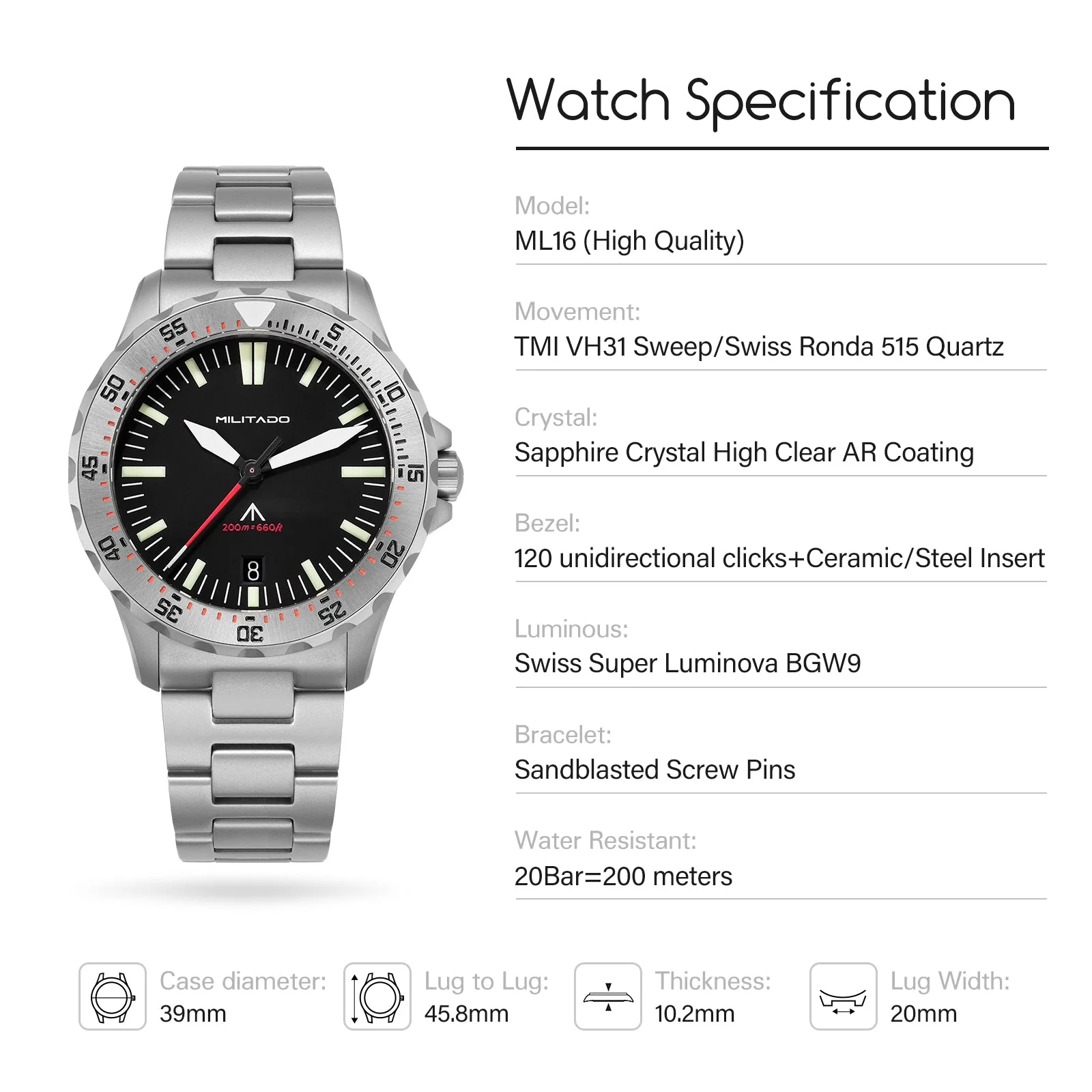 Militado 39mm Dive Watch Sapphire Crystal Military Watch ML16 - Image 31