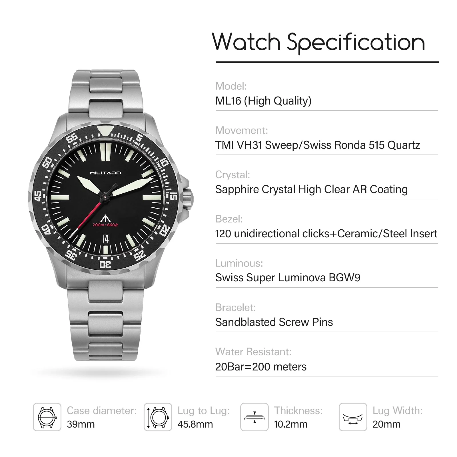 Militado 39mm Dive Watch Sapphire Crystal Military Watch ML16 - Image 4
