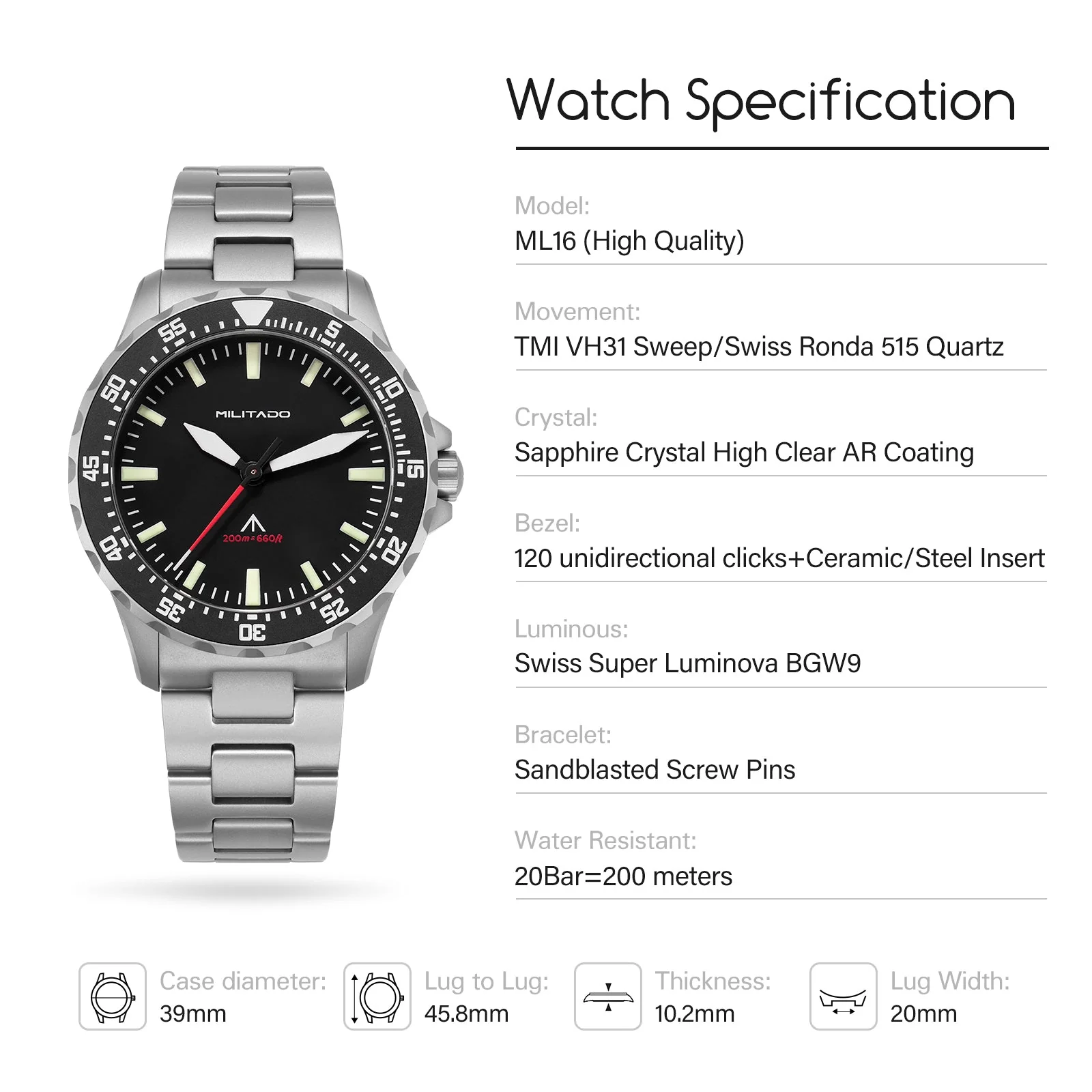 Militado 39mm Dive Watch Sapphire Crystal Military Watch ML16 - Image 5